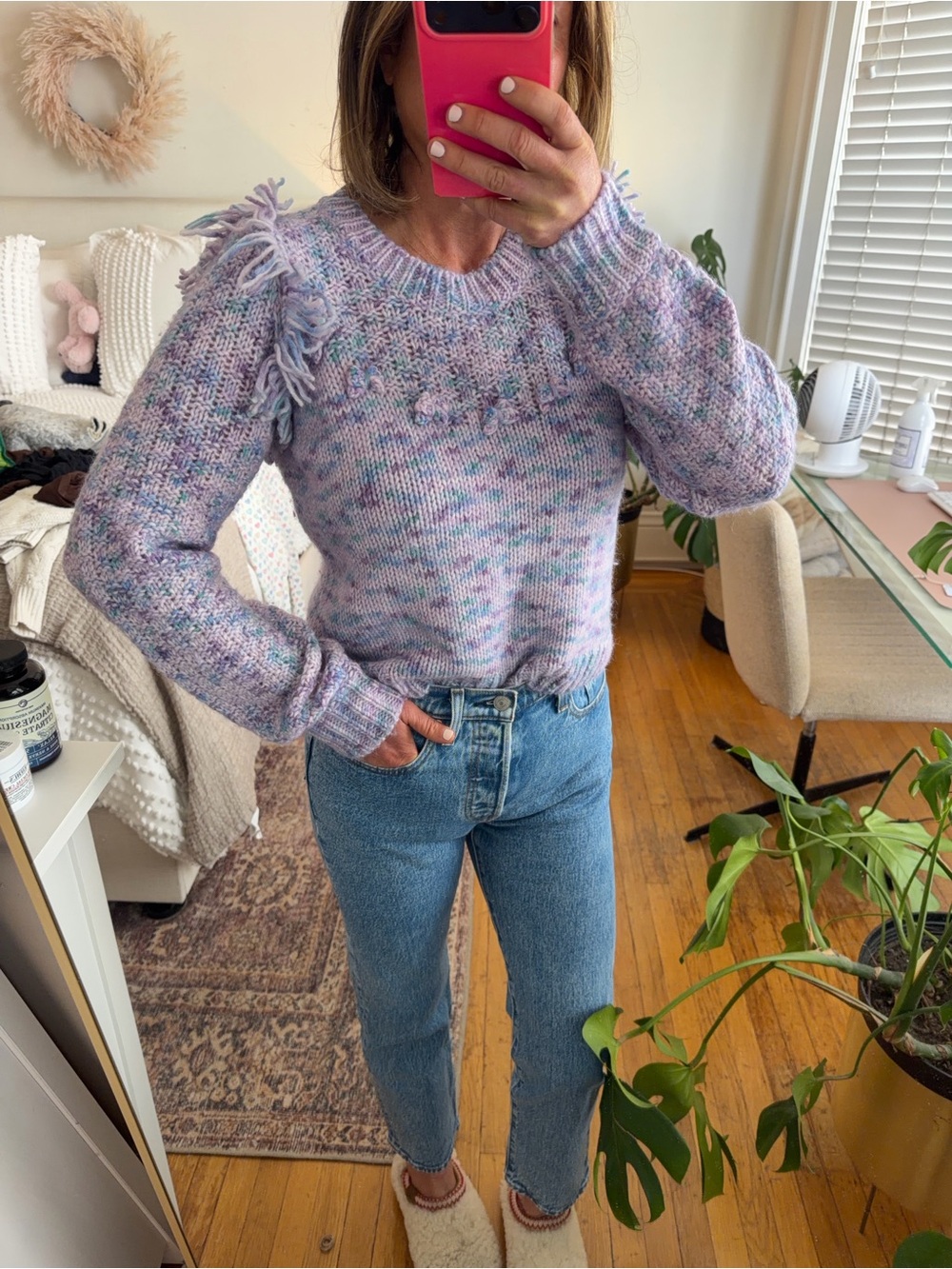 LoveShackFancy Lavender Speckled Ruffle-Trim Knit Sweater